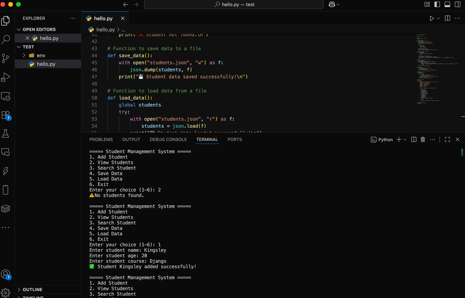 completed mini project running in terminal