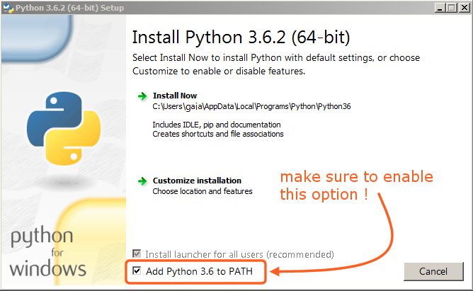 Python installation wizard (show “Add Python to PATH” checked)