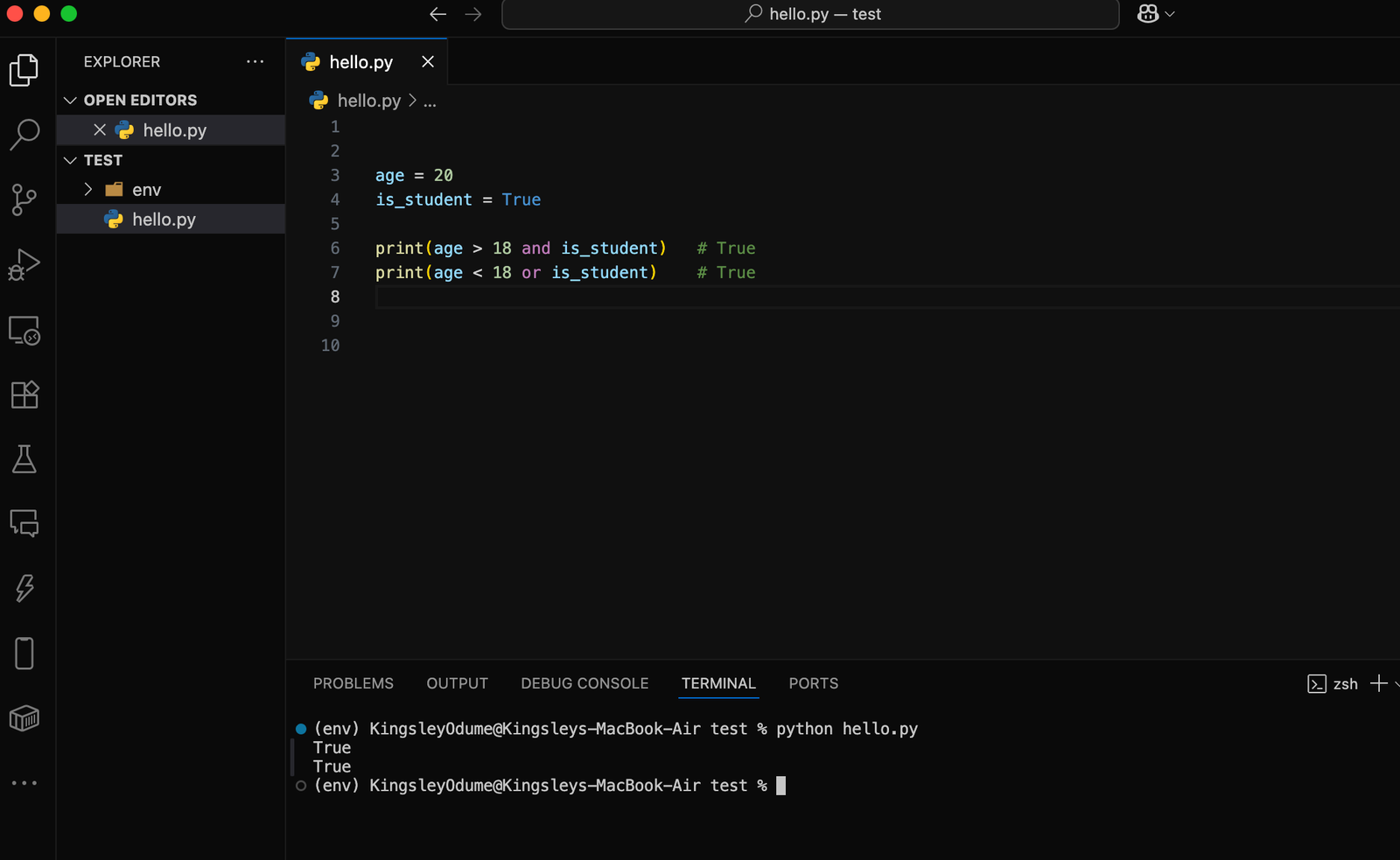 Terminal showing combined operator results