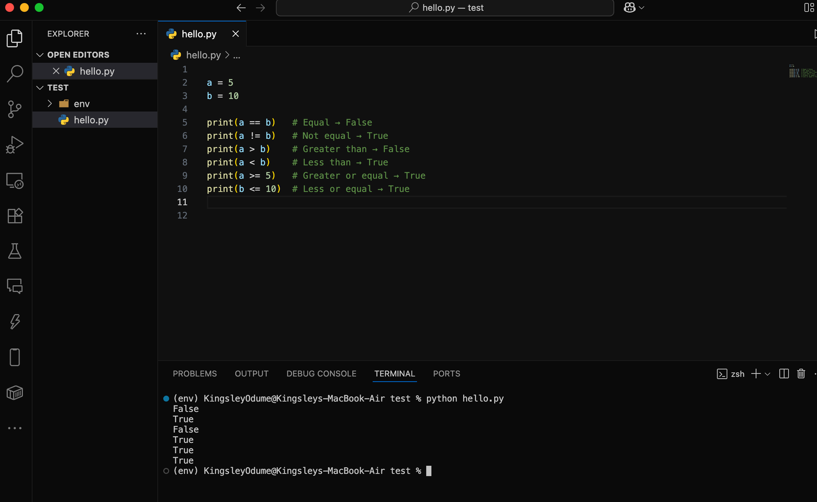 Terminal showing True:False results of comparisons