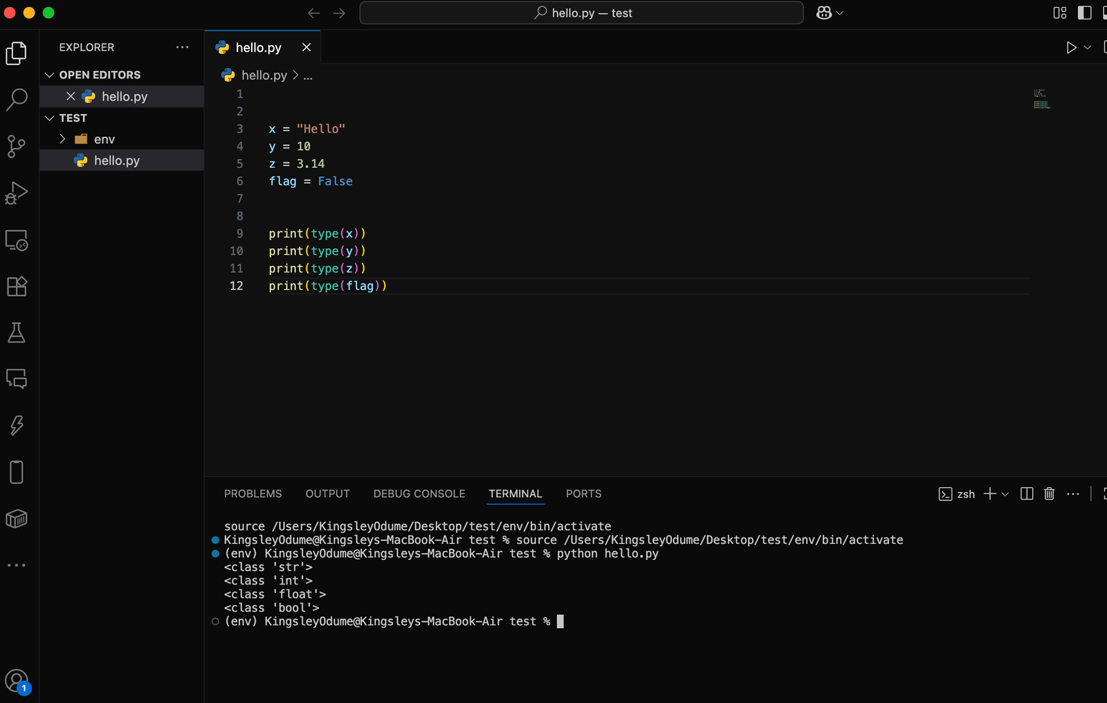 Terminal showing type outputs