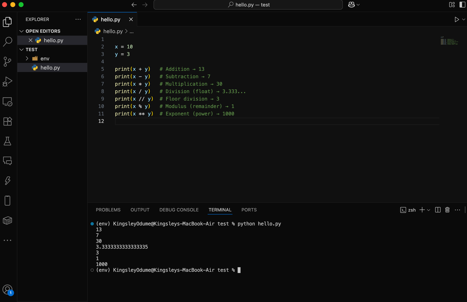 VS Code showing arithmetic operations with results