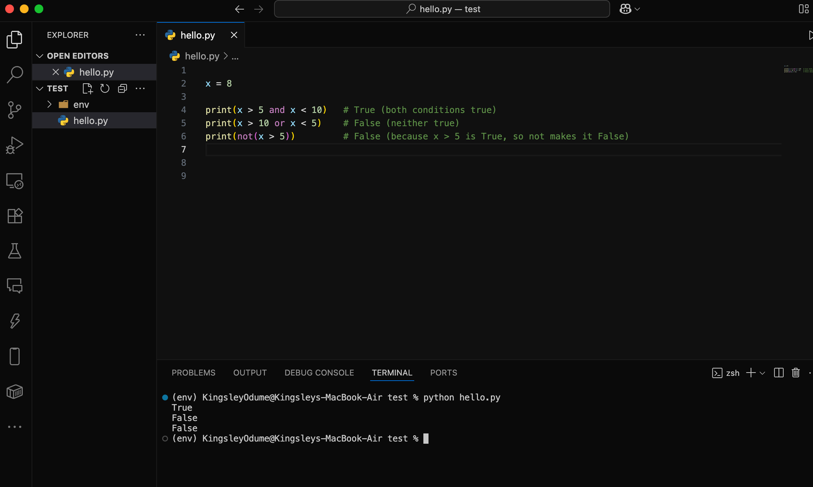 VS Code showing logical operator examples