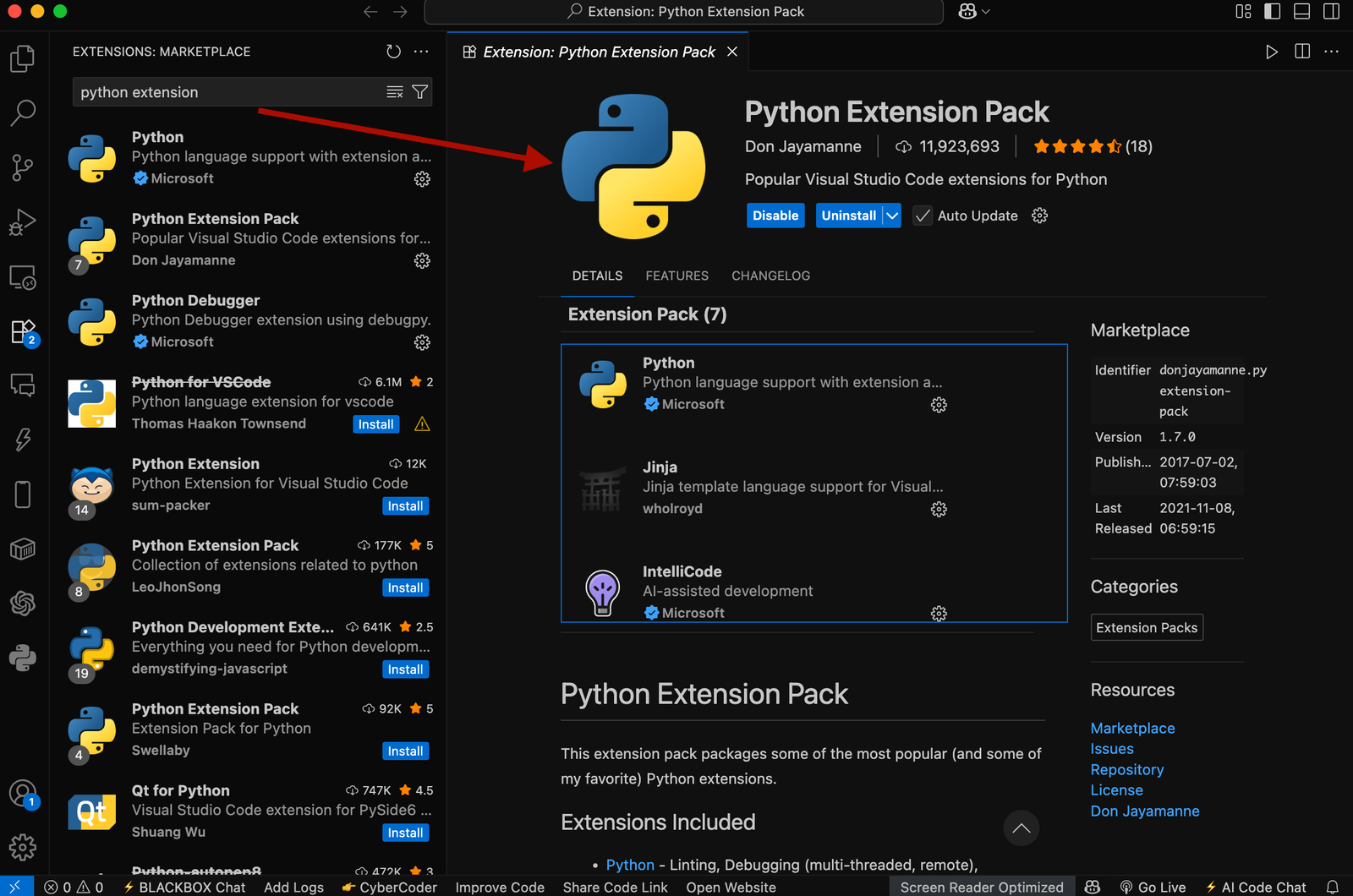 VS Code welcome screen with Python extension installed