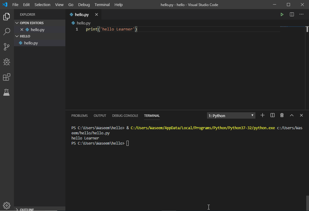VS Code with hello.py open and terminal showing output